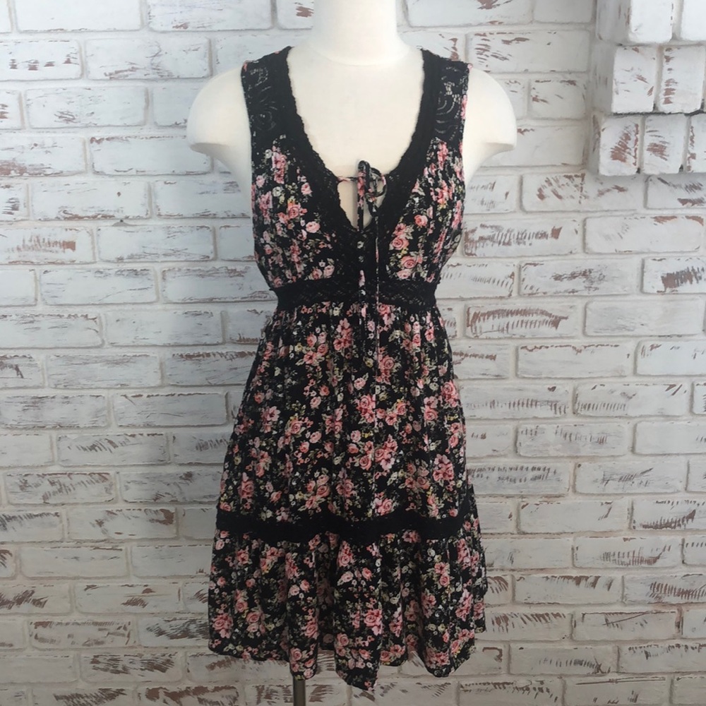 Xhilaration Floral Dress Black Pink Tie back